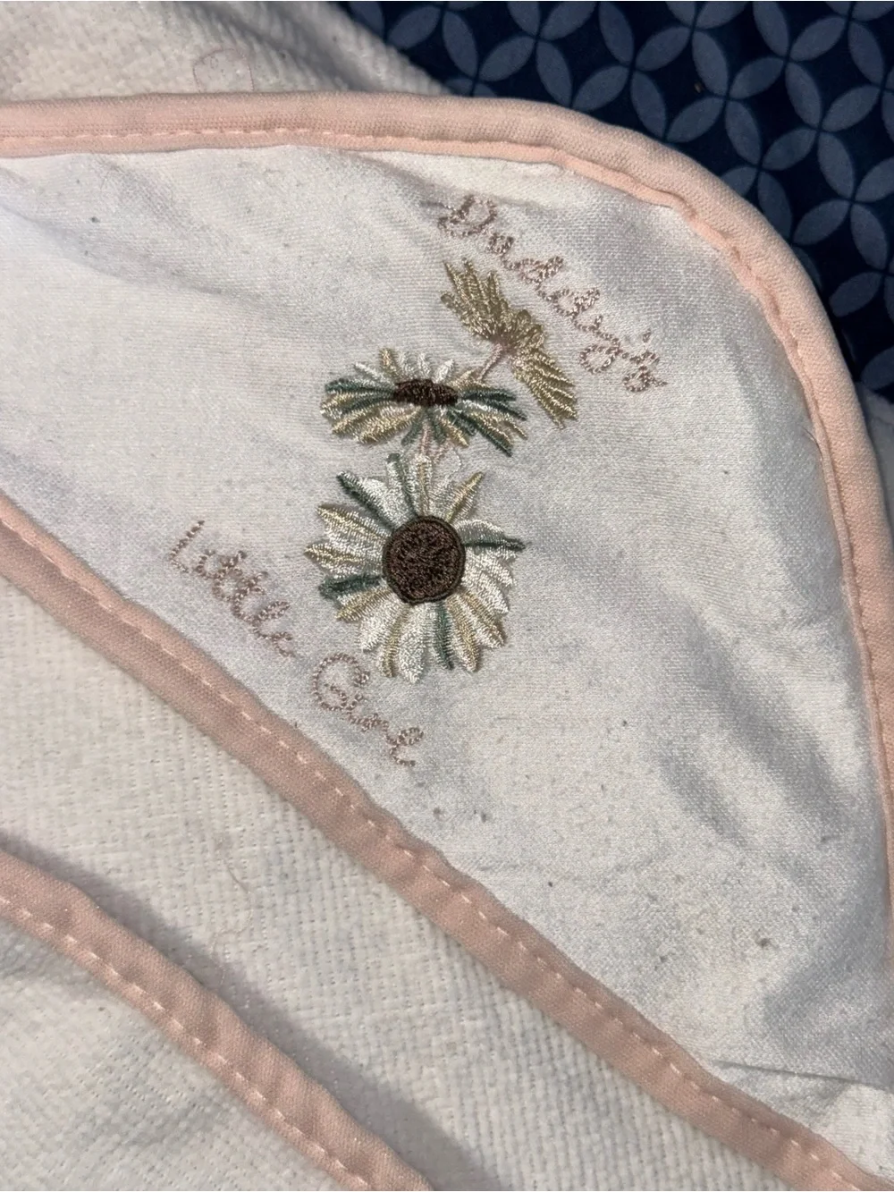 chick pea White Baby Hooded Towel with Pink Trim and Daisy Embroidery